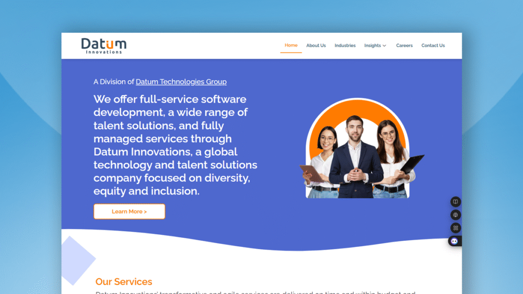 Datum Innovations homepage showcasing software and talent solutions, team photo, and diversity focus after redesign.