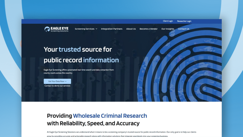 Eagle Eye Screening homepage featuring a fingerprint graphic, highlighting public record data and wholesale criminal research services