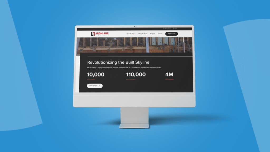 Highline Forming website after WordPress redesign showing construction stats, logo, and site image on desktop