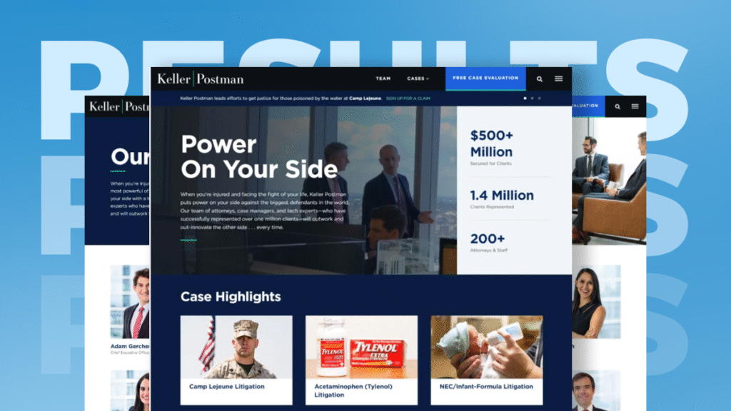 Keller Postman website after redesign showing homepage with attorney stats and case highlight