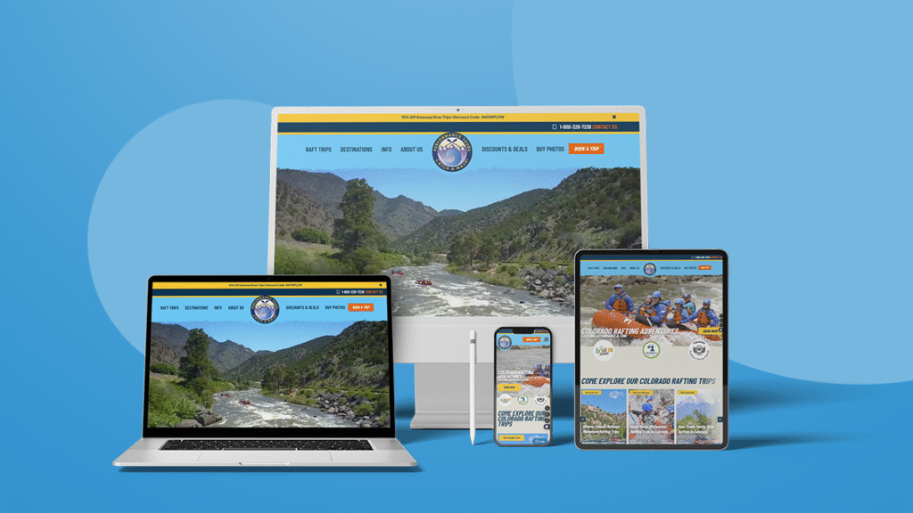Responsive web design showing Colorado Rafting Adventures website on desktop, laptop, tablet, and smartphone with rafting imagery and 'Book Now' button