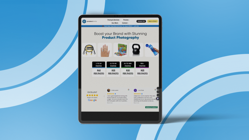 Tablet view of product photography pricing page showcasing sample photos, tiered pricing, and customer reviews.