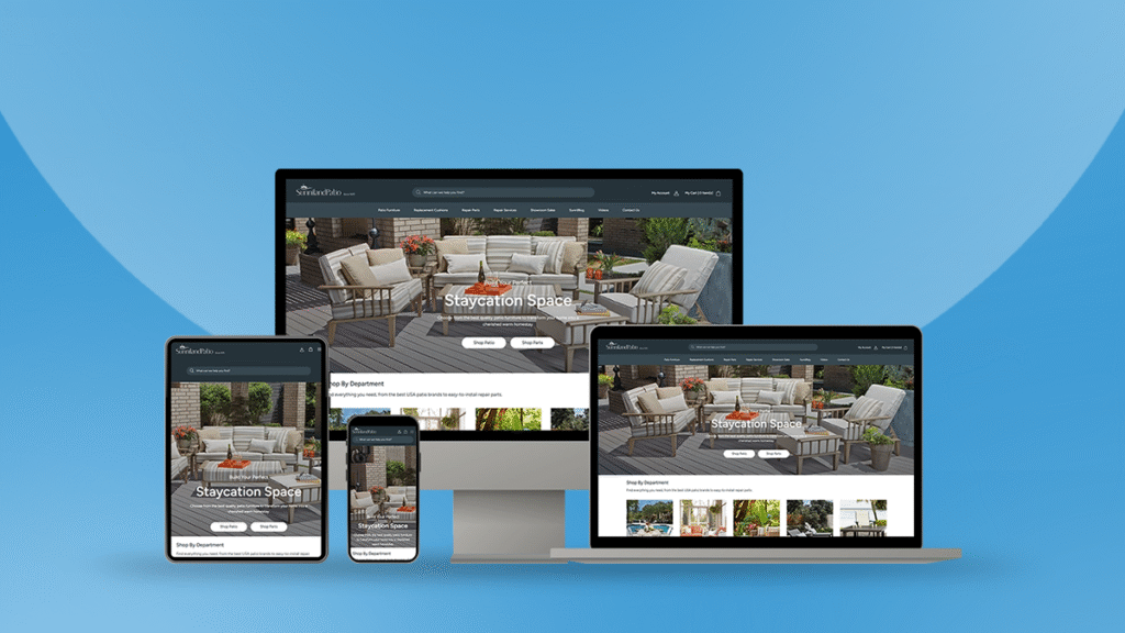 Responsive website mockup displaying Sunniland Patio furniture store on desktop, laptop, tablet, and smartphone screens.