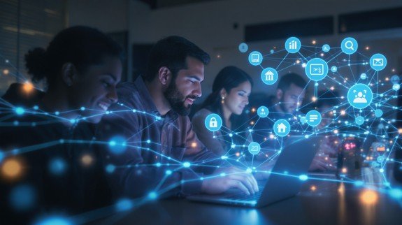 IT professionals collaborating through digital networks