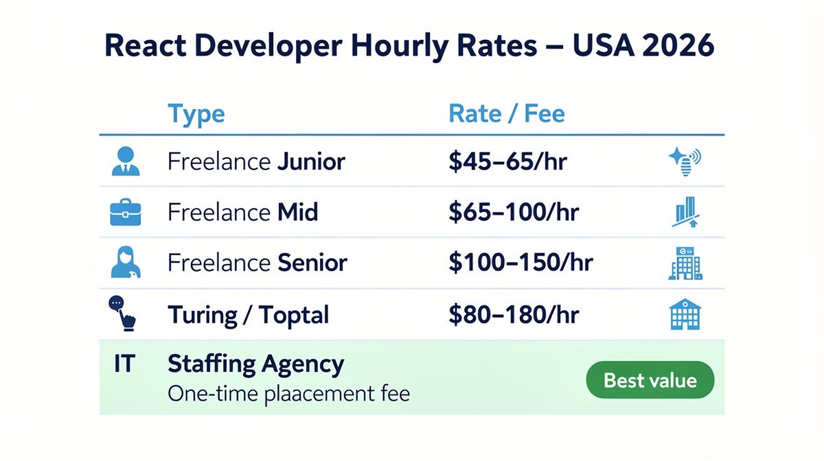 react developer cost comparison usa offshore staffing agency rates 2026