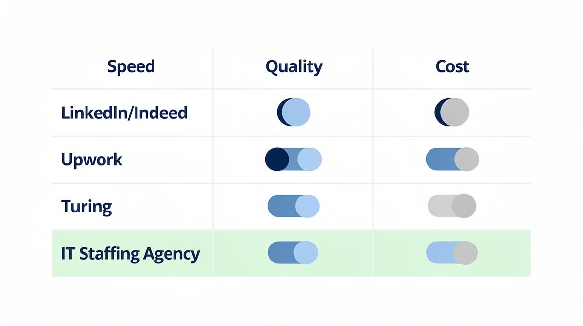 software developer hiring process sourcing channels comparison job boards agencies